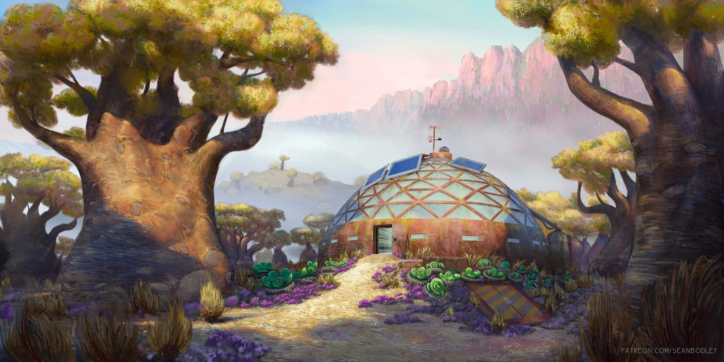 Illustration einer
kuppelförmigen Behausung (Yurt) in einer Landschaft mit großen Affenbrotbäumen. Das Gebäude ist mit Solarpaneelen und
technischer Ausrüstung bestückt; im Hintergrund erstrecken sich neblige Berge unter einem pastellfarbenen Himmel.