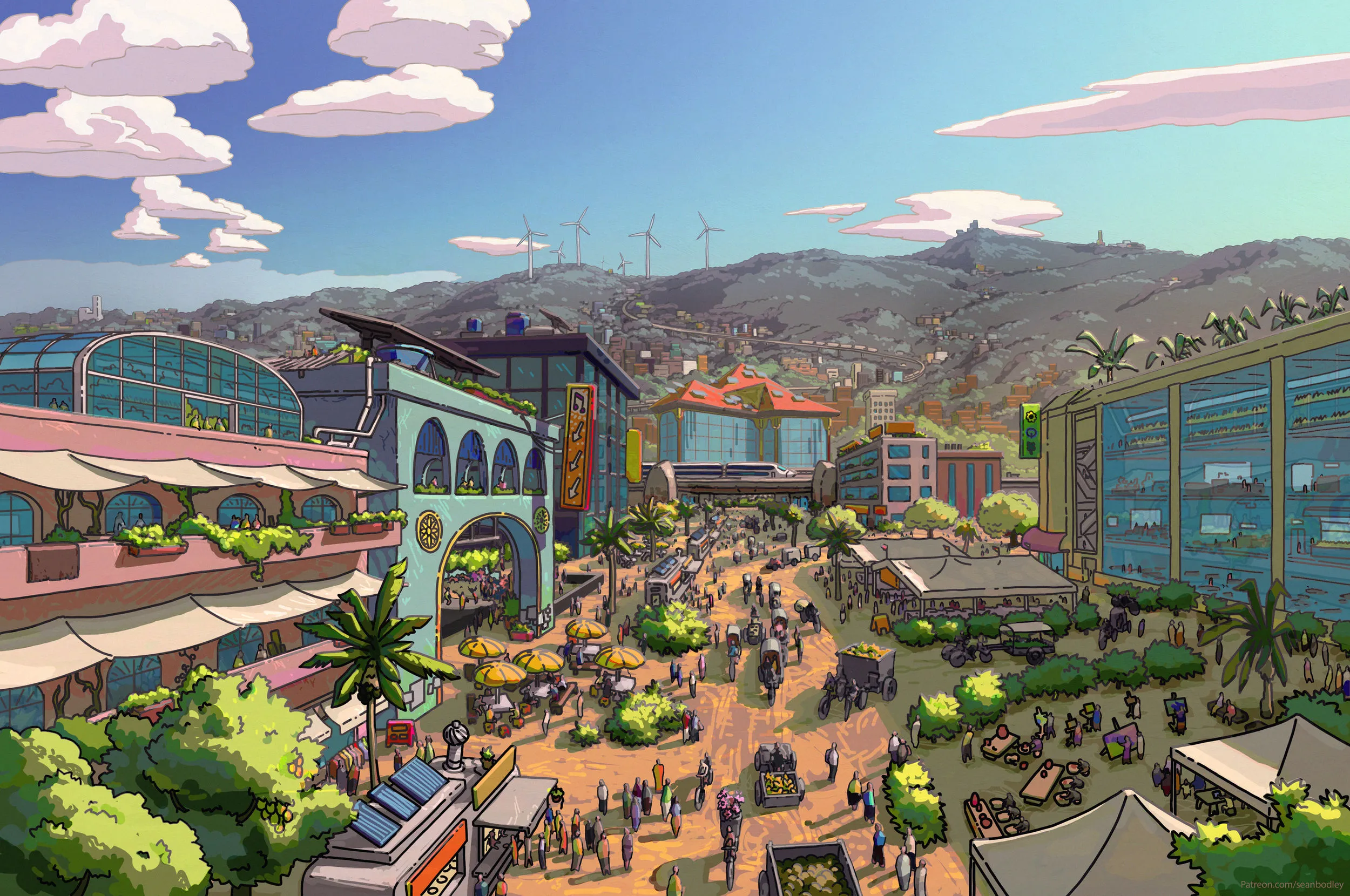 Farbenfrohe
Illustration einer belebten Solarpunkt-Stadt in einer Hügellandschaft. Menschen bewegen sich durch eine breite
Fußgängerzone mit Marktständen und Außenbereichen; im Hintergrund sind Windräder auf den Bergen und ein moderner
Hochgeschwindigkeitszug zu sehen.