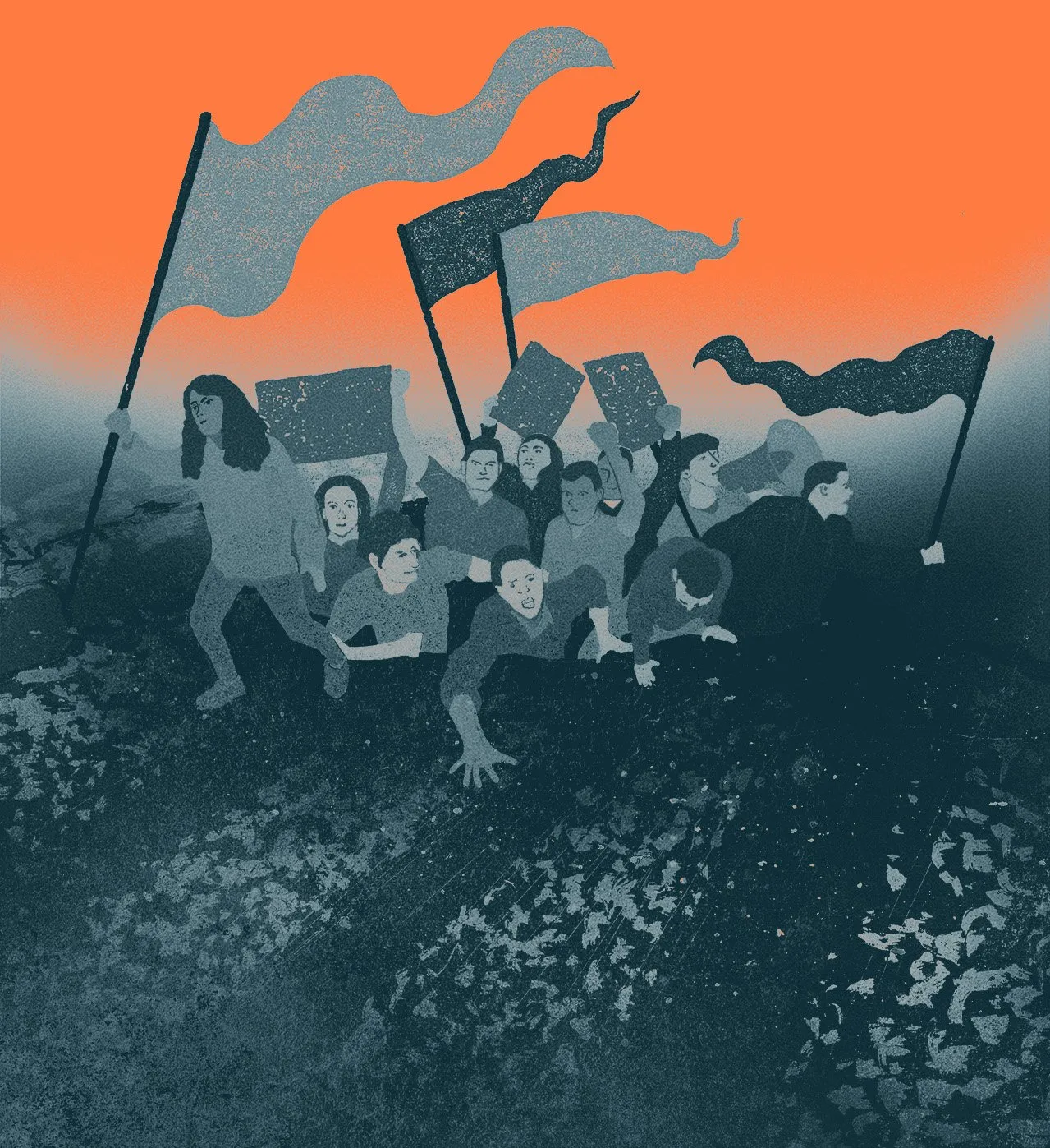 Grafische Illustration in
Blau- und Orangetönen, die eine Gruppe von Menschen zeigt, die entschlossen vorwärts drängen. Sie tragen Fahnen und
Schilder; der Hintergrund ist in einem kräftigen Orange gehalten, was eine kämpferische oder aufbruchsorientierte
Stimmung erzeugt.