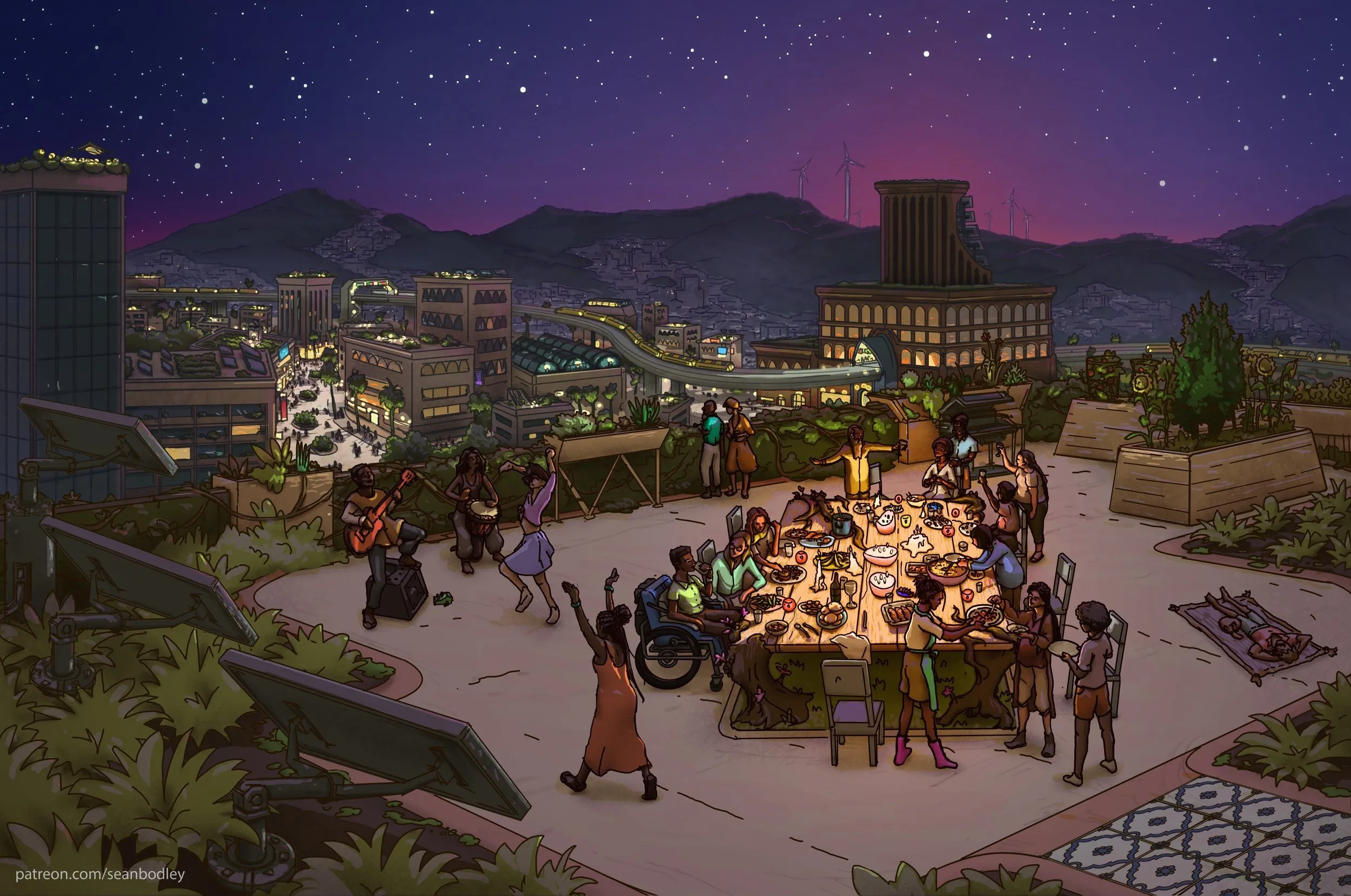 Illustration einer
nächtlichen Szene auf einer begrünten Dachterrasse: Eine Gruppe von Menschen speist an einer langen Tafel,
tanzt und macht Musik unter einem Sternenhimmel. Im Hintergrund erstreckt sich eine beleuchtete Stadt mit einer
Magnetschwebebahn und Windrädern am Horizont.